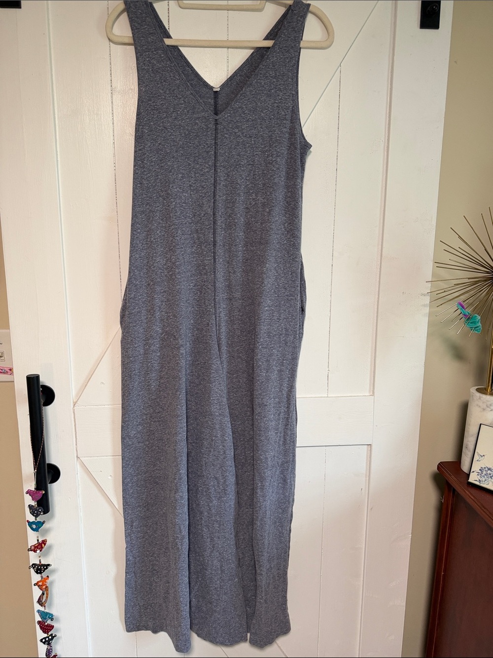 Women’s Sleeveless V-Neck Jumpsuit in Heather Gray Wide leg -Pockets